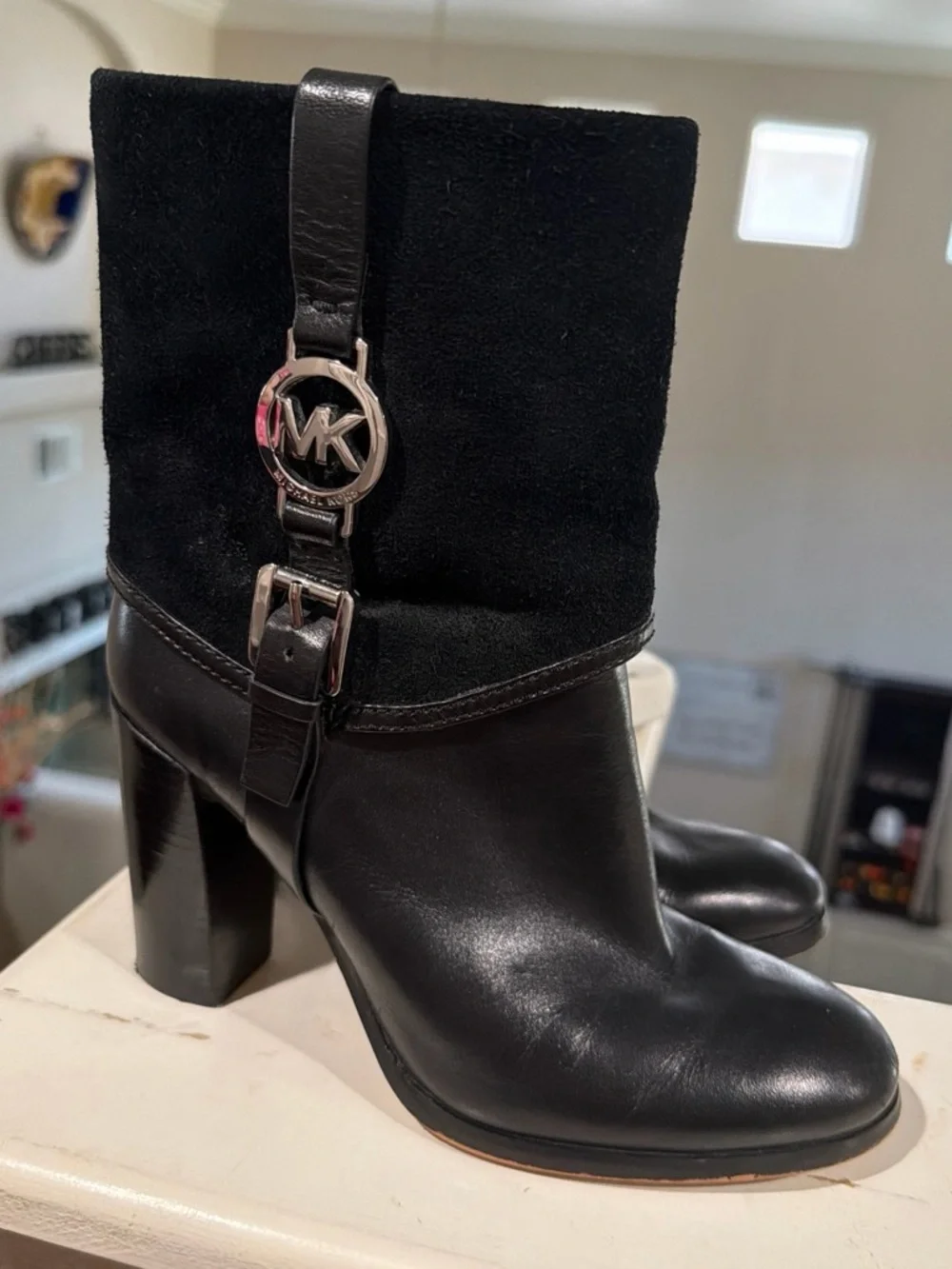 Michael Kors Black Leather & Suede Block Heel Mid-Calf Boots